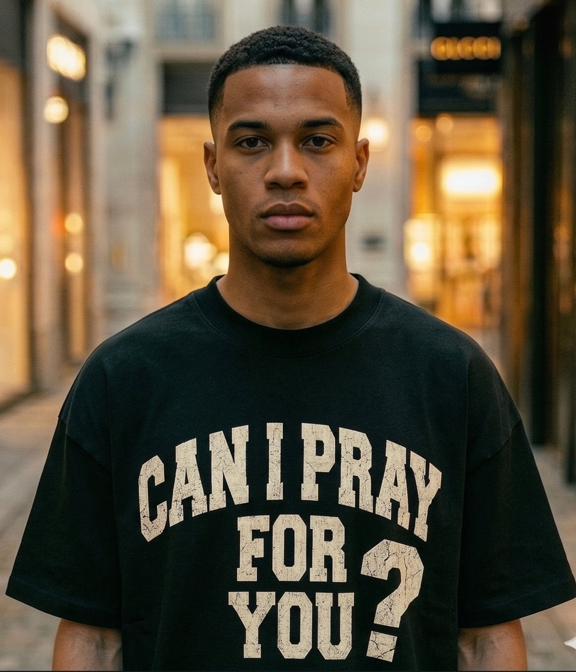 Man wearing a black  T-shirt. Can I Pray For You?